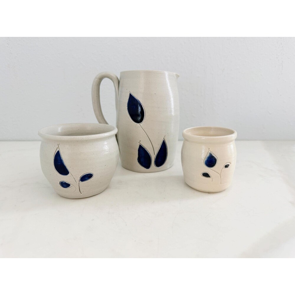 Vintage Williamsburg Pottery Stoneware Blue Creamer, Sugar, & Mini Cup/Salt